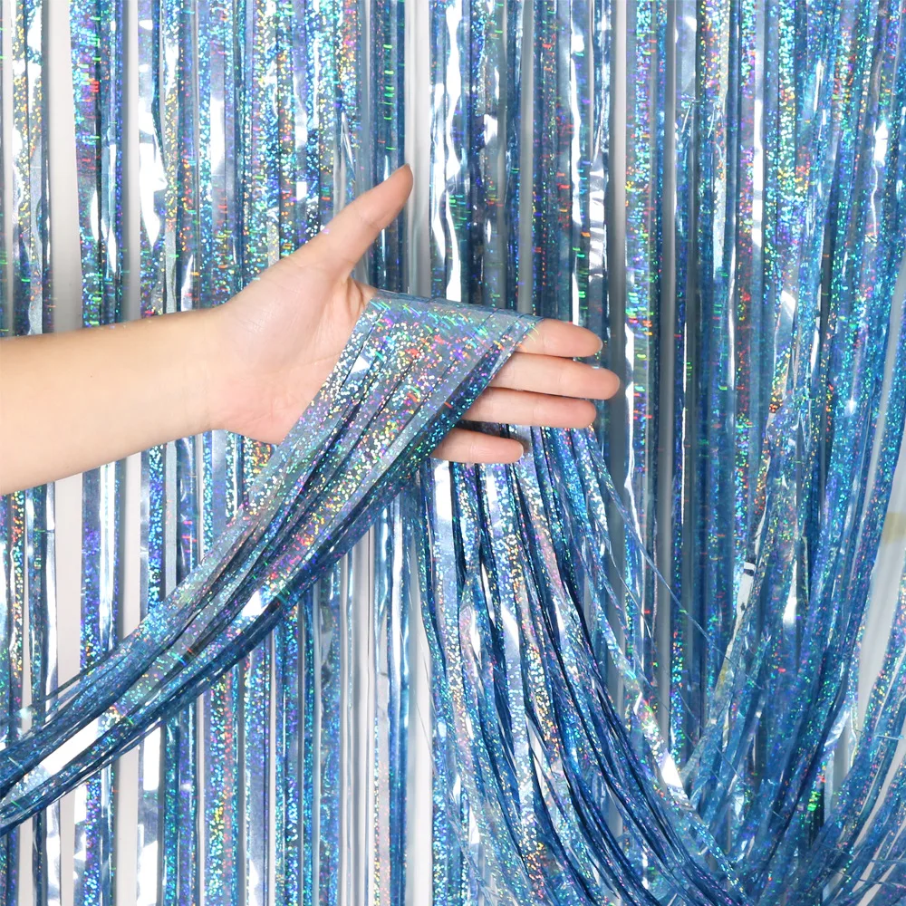 Tinsel Garland Decoration - Cortina de Láminas Brillantes Azules de